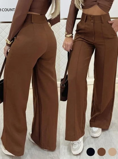 2026 New Women's High-Waisted Wide-Leg Pants, Double-Button Waist-Cinching Slimming Drape Straight-Leg Trousers, Casual Workwear Solid Color Suit Pants