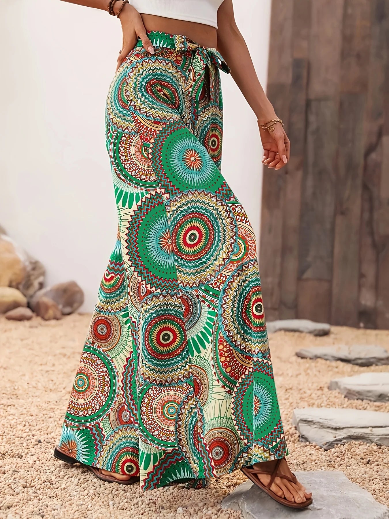 Women's Bohemian Style Printed Wide Leg Pants Casual Vacation Comfortable Elastic Waist Long Strapped Trousers