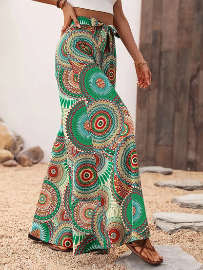 Women's Bohemian Style Printed Wide Leg Pants Casual Vacation Comfortable Elastic Waist Long Strapped Trousers