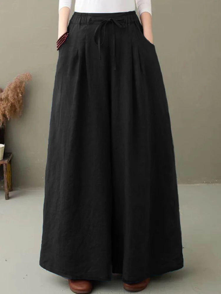 ZANZEA Elegant Women's Wide Leg Pants Autumn Trousers Casual Drawstring Pantalon Palazzo Female Elastic Waist Turnip Oversized