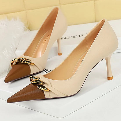 BIGTREE Shoes Women Pumps Metal Chain Decoration High Heels Mixed Colors Pointed Stilettos Lady Heels Party Shoes Female Pumps
