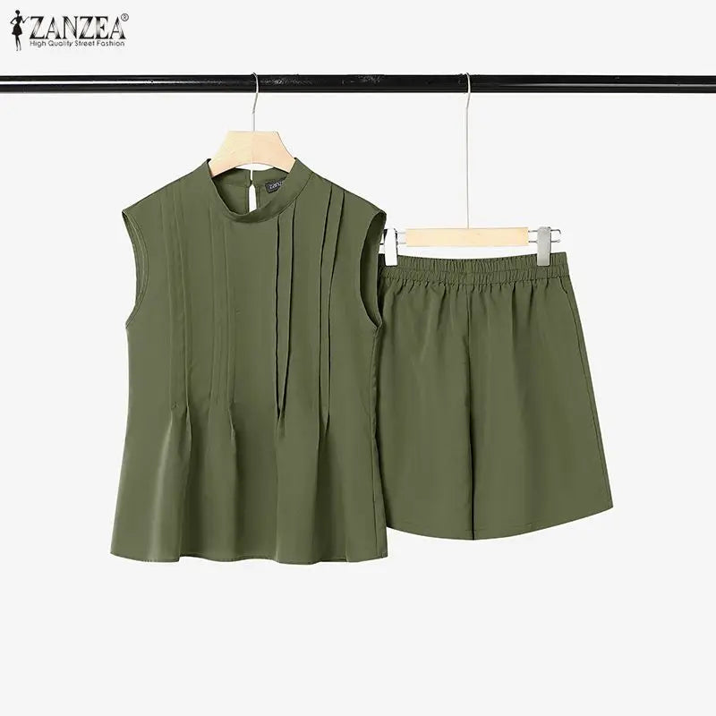 2026 ZANZEA Summer O Neck Sleeveless Tanks Tops Short Sets Stylish Women 2 Pieces Sets 2PCS Casual Holiday Outfits Tracksuit