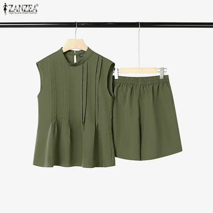2026 ZANZEA Summer O Neck Sleeveless Tanks Tops Short Sets Stylish Women 2 Pieces Sets 2PCS Casual Holiday Outfits Tracksuit