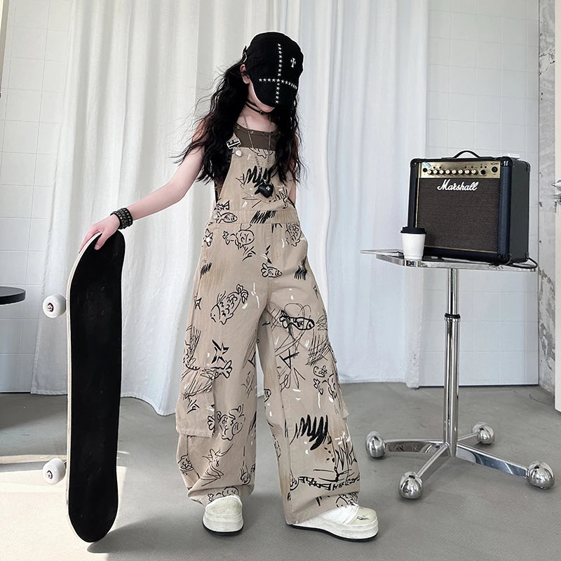 Child Vintage Americana Street Style Overalls Jumpsuit with Drawings for Kids Girl Dungarees Fashion Khaki Suspender Bib Pants