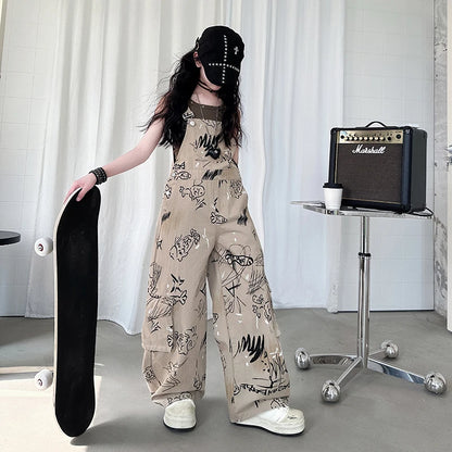 Child Vintage Americana Street Style Overalls Jumpsuit with Drawings for Kids Girl Dungarees Fashion Khaki Suspender Bib Pants