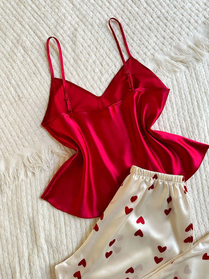 New V Neck 2 piece Women's Pajamas with Contrast Color Solid Top with Heart Printed long Pants Casual Sleepwear Set for Ladies