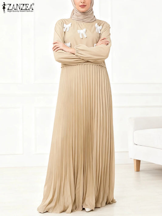 2026 Fashion Muslim Abaya Dress ZANZEA Women Elegant Long Sleeve Patchwork Party Dress Dubai Robe Spring A Line Pleated Sundress