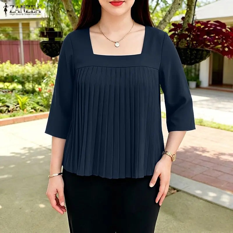 ZANZEA Pleated Detail Blouses 2026 Women Elegant Square Neck 3/4 Sleeve Solid Color Tops Summer Daily Casual Blusas de Mujer
