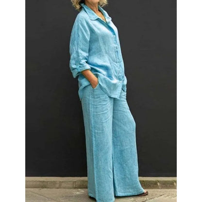 Spring and Summer Suit Women's Lapel Long-sleeved Loose Shirt High Waist Wide-leg Pants Casual Two-piece Set
