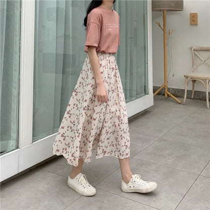 Vintage Floral Print A-line Pleated Long Skirts Summer Women Korean Skirt Streetwear Drawstring Elastic Waist Midi Skirt