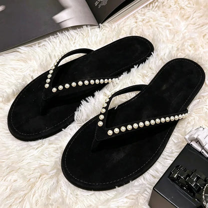 Fashion White String Bead Detail Flip Flops Women Light Comfortable Flat Sandals for Ladies Sexy Cross Strap Summer Beach Shoes