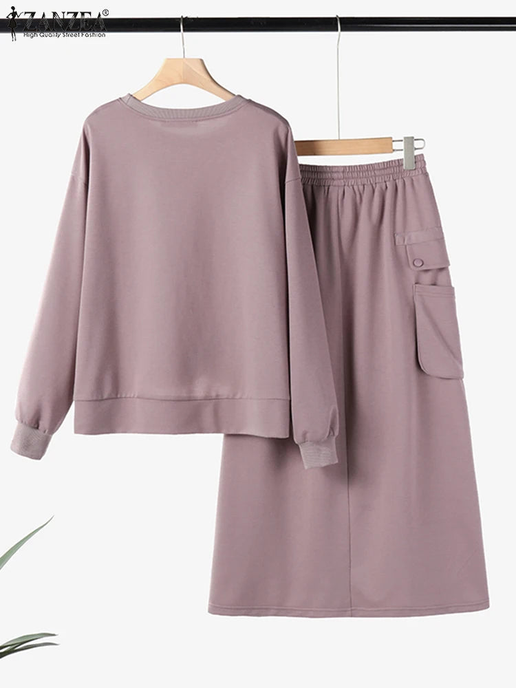 Stylish Autumn Sweatshirts Dress Sets 2025 ZANZEA Spring 2pcs Outfits Women Long Sleeve Hoodies Tops Sundress OL Matching Sets