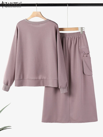 Stylish Autumn Sweatshirts Dress Sets 2025 ZANZEA Spring 2pcs Outfits Women Long Sleeve Hoodies Tops Sundress OL Matching Sets