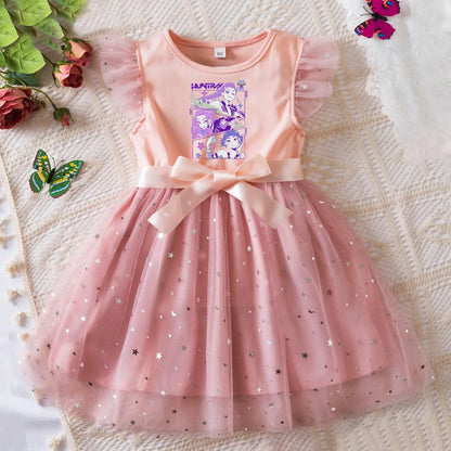 K-Pop Hunters Zoey Rumi Girls Sequin Tutu Dress with Bow Flutter Sleeves Summer Princess Party Outfit for Toddler Kids 2-6Y