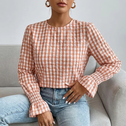ZANZEA Women's Stylish Gingham Blouses Casual O-Neck Long Sleeve Shirred Cuffs Loose Tops Everyday Wear Going-Out Blusas Mujer 7