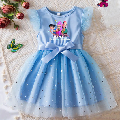 K-Pop Hunters Zoey Rumi Girls Sequin Tutu Dress with Bow Flutter Sleeves Summer Princess Party Outfit for Toddler Kids 2-6Y