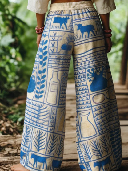 Fashionable Wife's Trendy Bohemian Style Blue Geometric Hand-Painted Print Wide-Leg Pants, High-Waisted Stretch Pants, Summer Beach Vacation Outdoor Casual Pants