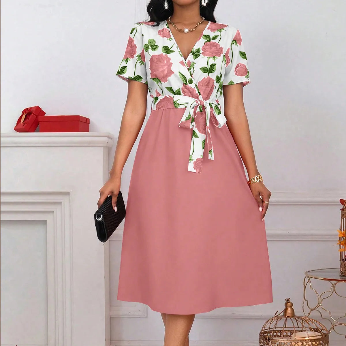 Women's Floral Print V-Neck Tie Waist Midi Dress - Rose Patchwork A-Line Short Sleeve Dress for Casual, Vacation & Wedding Guest