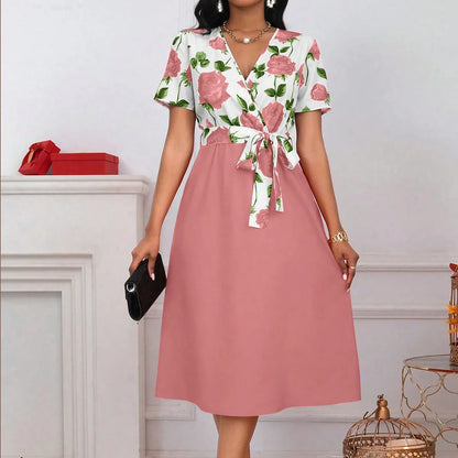 Women's Floral Print V-Neck Tie Waist Midi Dress - Rose Patchwork A-Line Short Sleeve Dress for Casual, Vacation & Wedding Guest