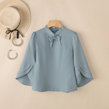 ZANZEA Women's Elegant Bow Tie Blouses Classy 3/4 Petal Sleeves Mandarin Collar Princess Seams Back Zipper Tops Woman Clothes