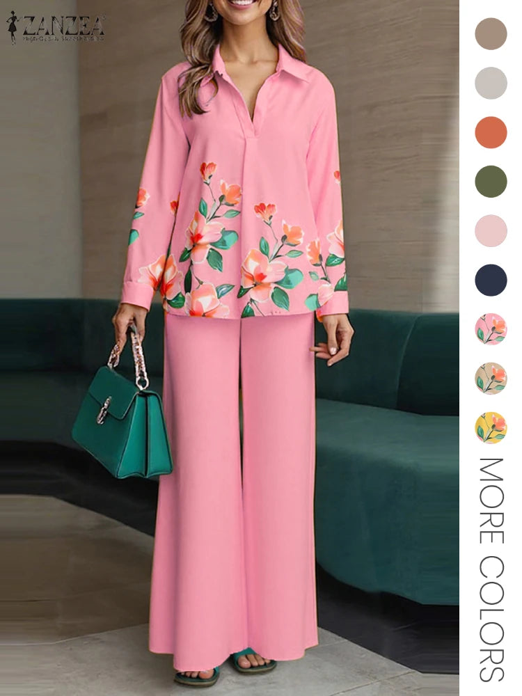 ZANZEA 2025 Autumn Outfits Women Stylish Printed Matching Sets Casual Long Sleeve Tops Wide Leg Pant Sets Fashion Work Tracksuit