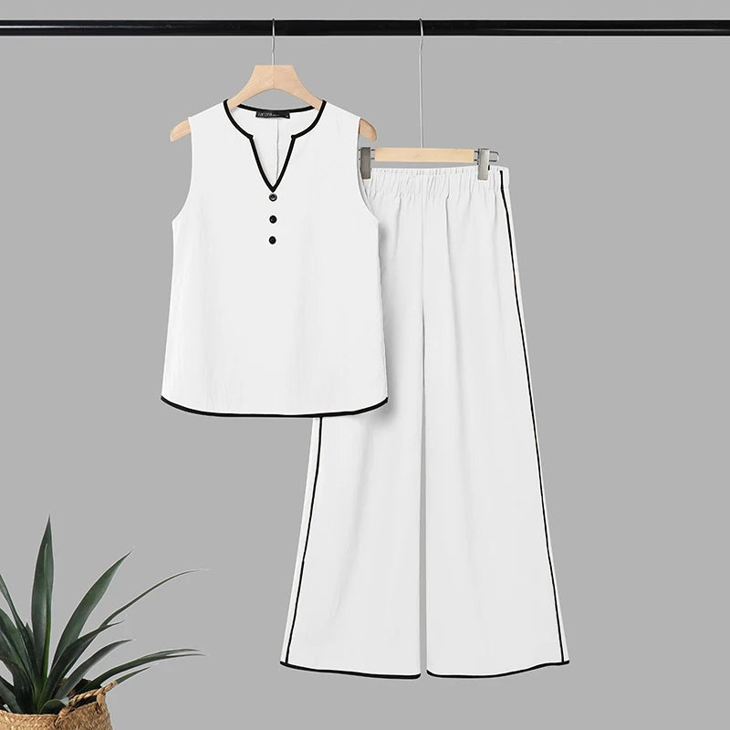 ZANZEA Stylish Sleeveless Tanks Tops Pant Sets 2026 Women Summer Patchwork Tracksuit 2 Pieces Sets Casual Loose Work Outfits