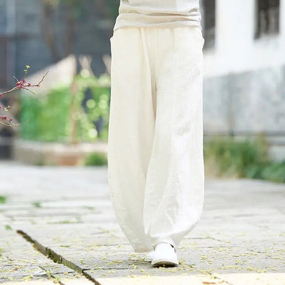 2024 Cotton Linen Bloomers Wide Leg Pants Women Vintage Full Length Fashion Elegent Pants Solid Elasitic Waist Spring Autumn 5XL