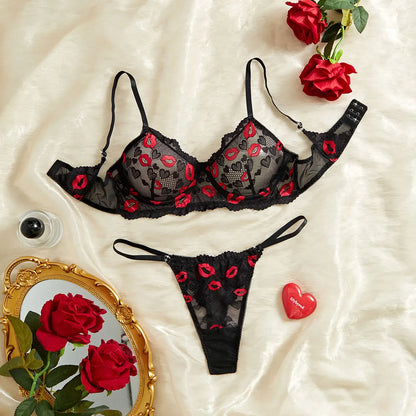 Sheer Mesh Lingerie Set Red Lips Print Bra Thong Adjustable Back Band Hollow Out Sexy Push Up Gift
