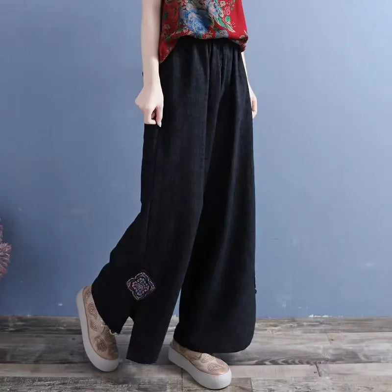 High Waist Straight Leg Cotton Linen Patchwork Embroidered Wide Leg Pants Spring Summer Casual High Waist Long Trousers
