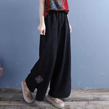 High Waist Straight Leg Cotton Linen Patchwork Embroidered Wide Leg Pants Spring Summer Casual High Waist Long Trousers