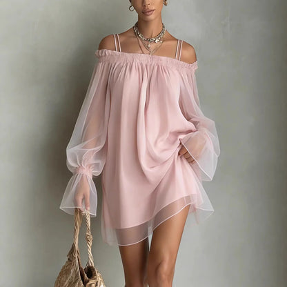 Double Strap Vestidos Off Shoulder Dress Sexy Sweet Vestido Fairy Mini Loose Dresses Summer New Sheer Mesh Long Sleeve Ropa Muje