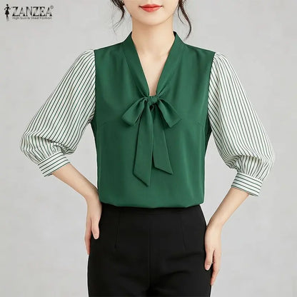 ZANZEA Women's Elegant Bow Tie Neck Blouses Summer Striped 3/4 Puff Sleeve Patchwork Casual Tops Office Commute Blusas de Mujer