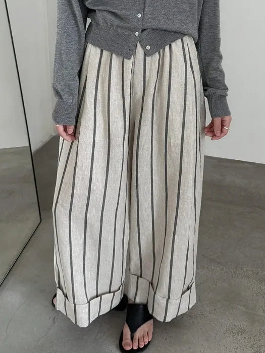 Retro Cuffed Linen Striped Casual Pants Loose Slim Straight Leg Summer Wide Leg Pants for plus Size Women Ladies Fashion