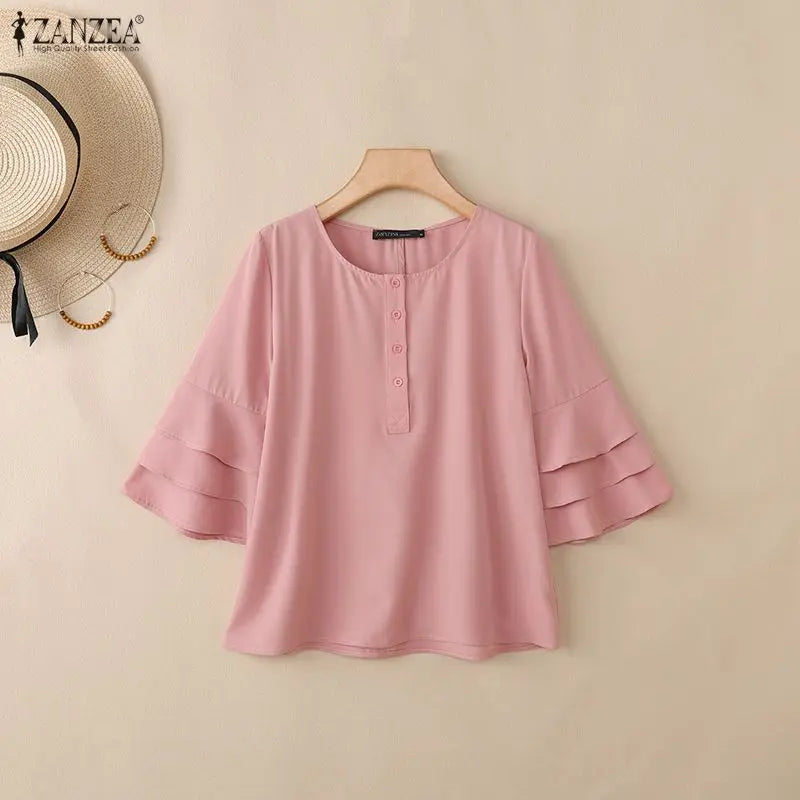 ZANZEA Women Blouse 3/4 Sleeve Tunic Top Ruffles Sleeve Elegant Office Casual O-Neck Button Solid Summer Blusas Oversize