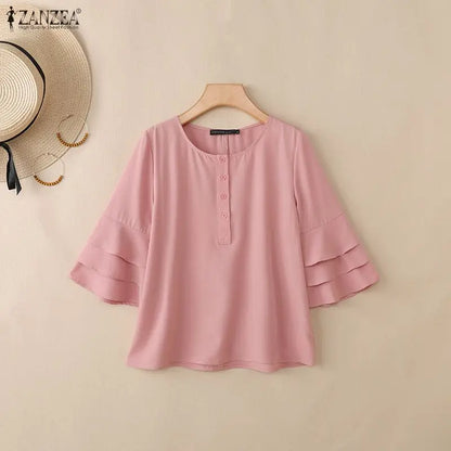 ZANZEA Women Blouse 3/4 Sleeve Tunic Top Ruffles Sleeve Elegant Office Casual O-Neck Button Solid Summer Blusas Oversize