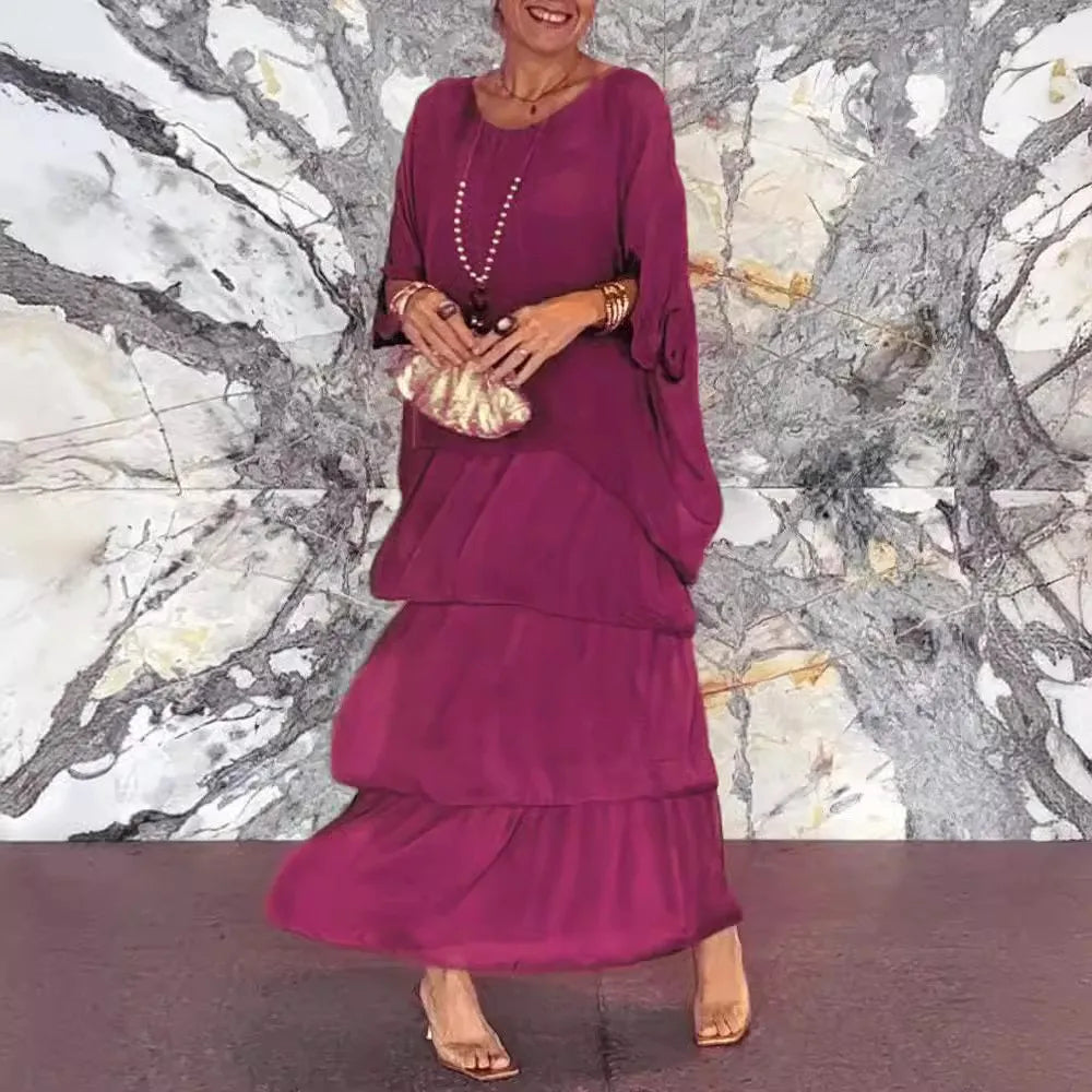 Fashion New Chiffon Printing Mesh Bat Sleeve O Neck Long Women's Dresses Summer Casual Loose Elegant Female Holiday Beach Dress