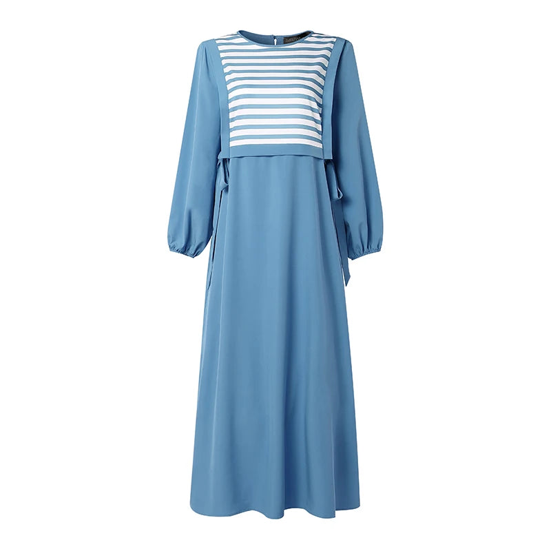 ZANZEA Stylish Women Striped Patchwork Muslim Dress Abaya Elegant Maxi Long Dress Dubai Robe Kaftan O Neck Long Sleeve Sundress