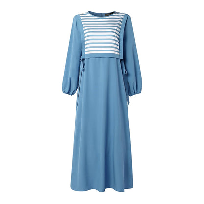 ZANZEA Stylish Women Striped Patchwork Muslim Dress Abaya Elegant Maxi Long Dress Dubai Robe Kaftan O Neck Long Sleeve Sundress
