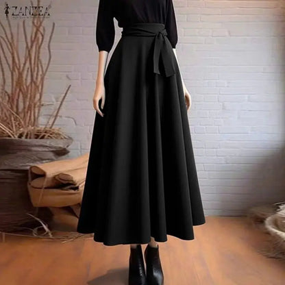 ZANZEA Elegant Maxi Skirts 2026 Women Elastic Waist Jupes Casual Faldas Saia Belted High Waist Fashion Solid Street Overskirts