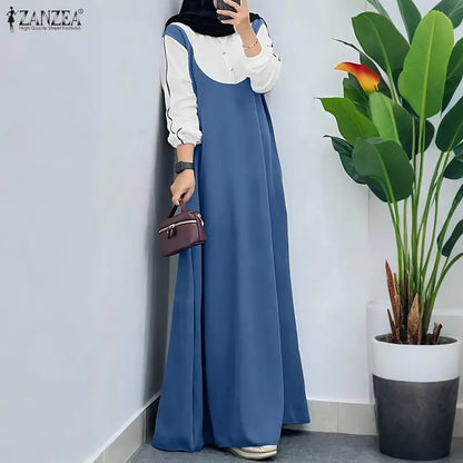 Women Patchwork Muslim Abaya Dress ZANZEA Ramadan Robe Stylish O Neck Long Sleeve Loose Sundress Casual Kaftan IsIamic Clothing