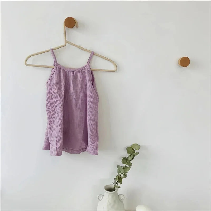 0-12M Baby Girls Summer Cotton Muslin Suspender Dress Solid Color Sleeveless Loose Casual Princess Dress For Newborn Girls