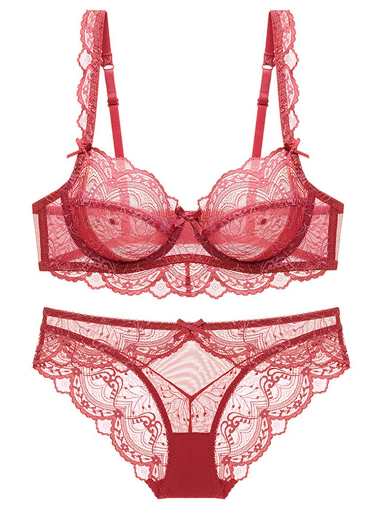 Sexy Lace Ultra Thin Transparent Bra and Panties Set Underwear Set Lingerie Women Brassieres A B C D E Cup 95C 95D