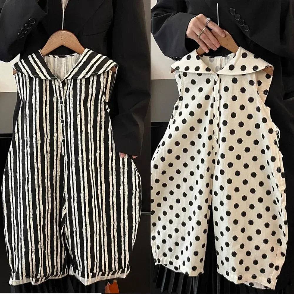 Summer New Casual Boys' and Girls' Clothes Polka Dot Vertical Stripe Printed Kids Jumpsuit Basic Simple Children's Clothing