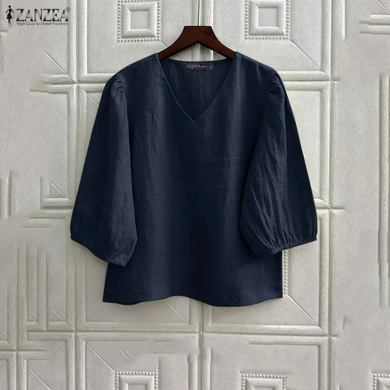 ZANZEA Women's Cotton Linen Breathable Blouses Casual V-Neck 3/4 Lantern Sleeves Solid Color Tops Everyday Wear Blusas de Mujer