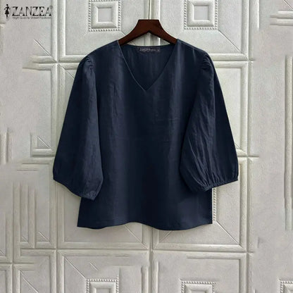 ZANZEA Women's Cotton Linen Breathable Blouses Casual V-Neck 3/4 Lantern Sleeves Solid Color Tops Everyday Wear Blusas de Mujer