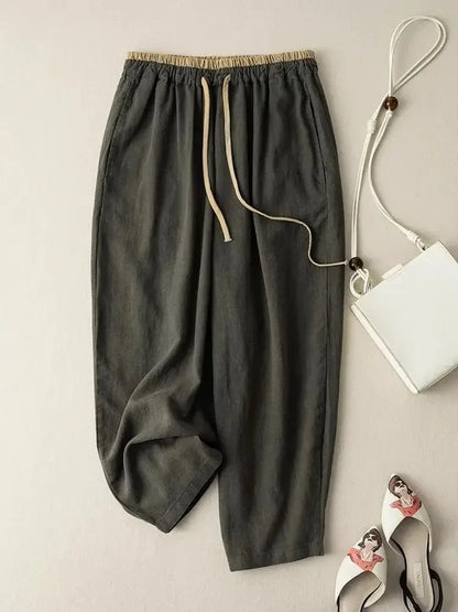 Retro commuting pants, Korean version, minimalist style, cotton linen wide leg casual pants, women's loose hanging straight leg