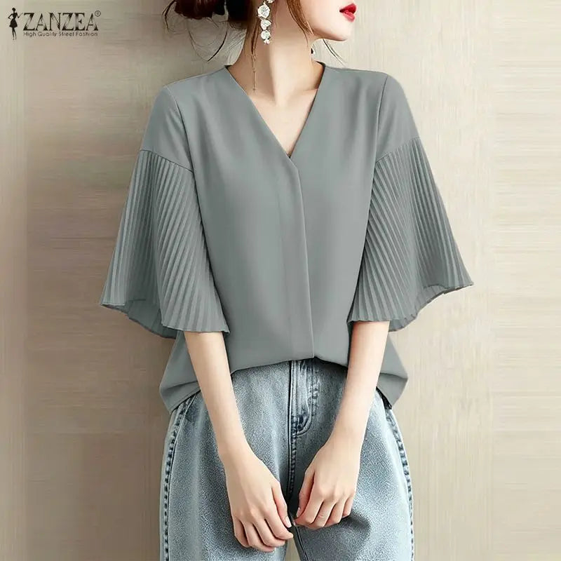 ZANZEA Women's Elegant Blouses Pleated Bell Sleeve V-Neck Loose Pullover Tops Summer Daily Casual Solid Color Blusas de Mujer