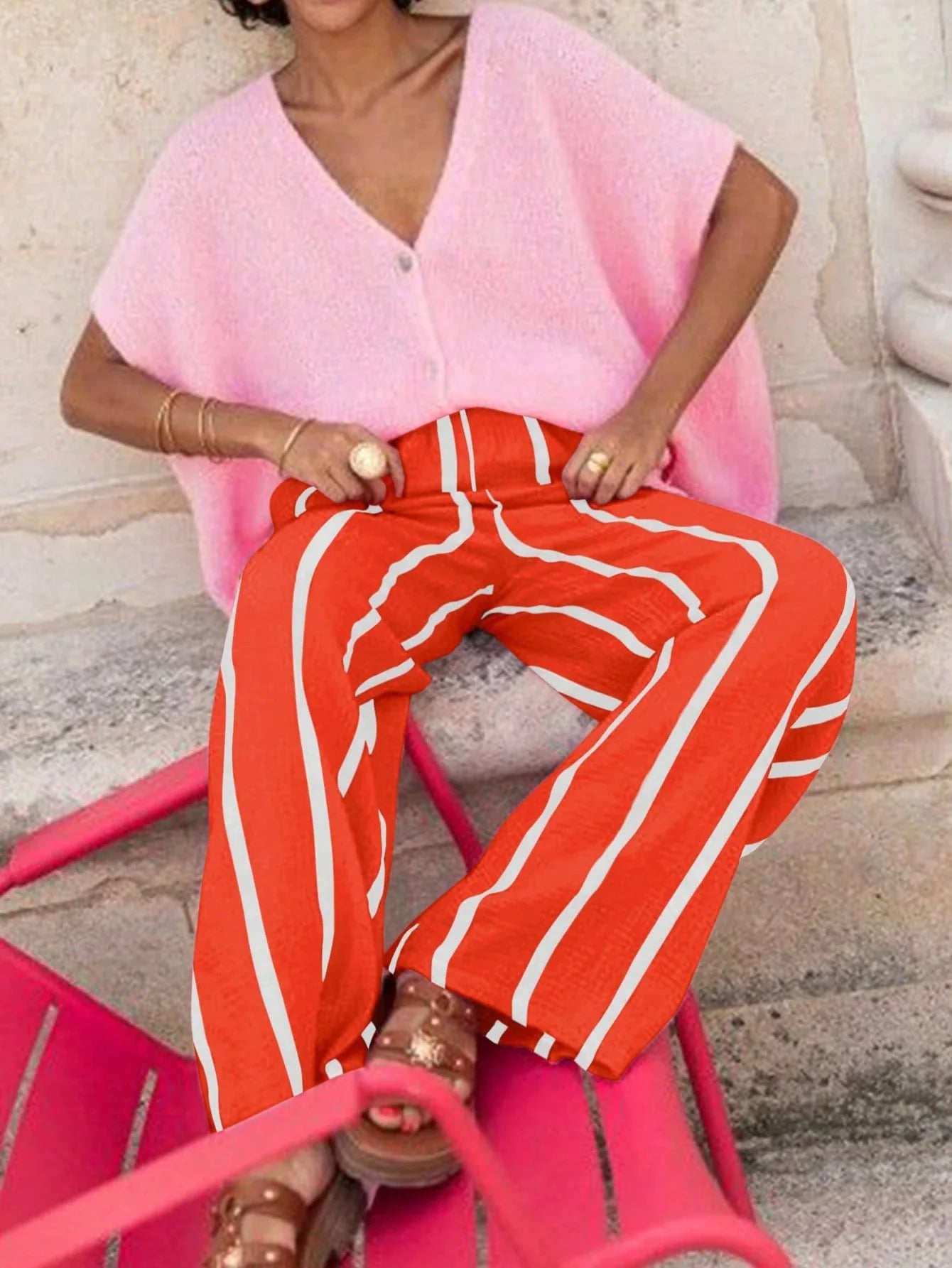 Women's Vertical Stripe Wide-leg Pants, Elastic Waist Pleated Casual Trousers, Resort Style Loose Slimming Floor-length