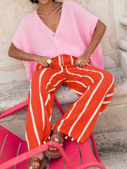 Women's Vertical Stripe Wide-leg Pants, Elastic Waist Pleated Casual Trousers, Resort Style Loose Slimming Floor-length