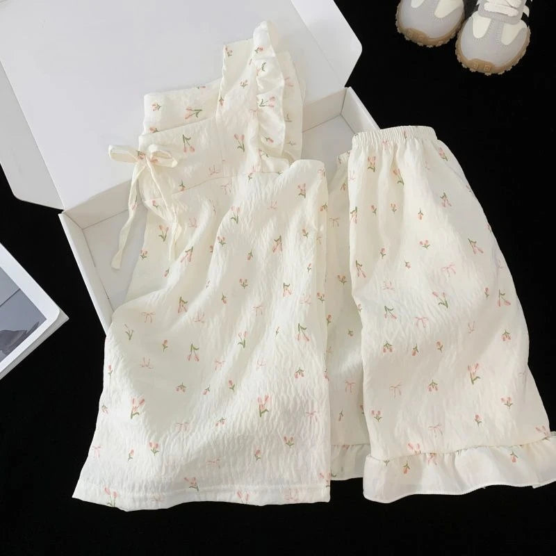 Childrens Floral Pajamas Set Summer Lightweight Cloud Cotton Vest with Shorts Princess Style for Girls Baby Homewear